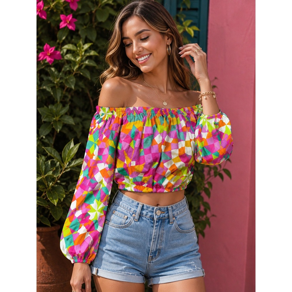 Flying Tomato Crop Top Womens M Pink Orange Green Geometric Boho Festival